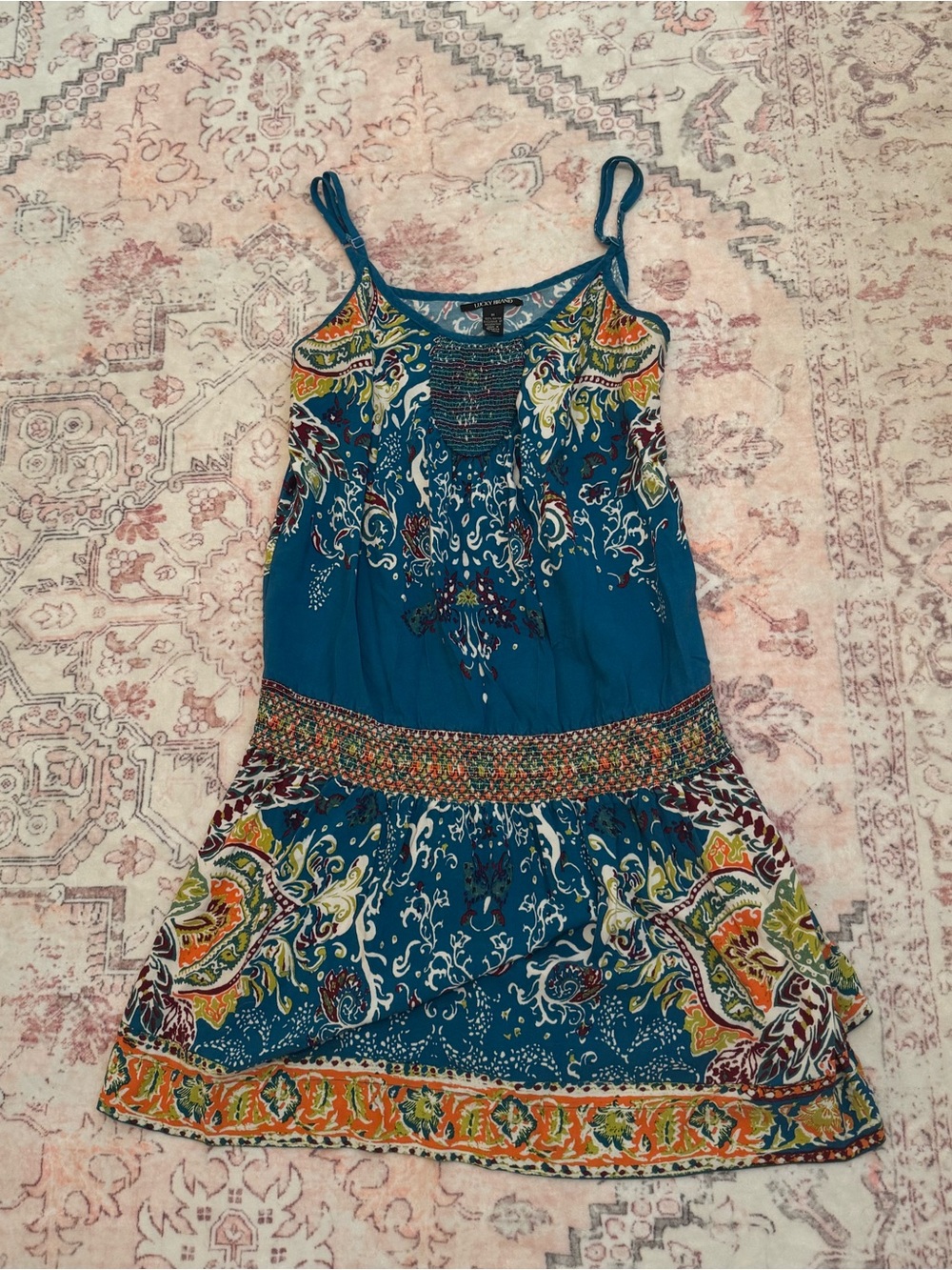 Lucky Brand Teal Paisley Smocked Spaghetti-Strap Camisole Dress